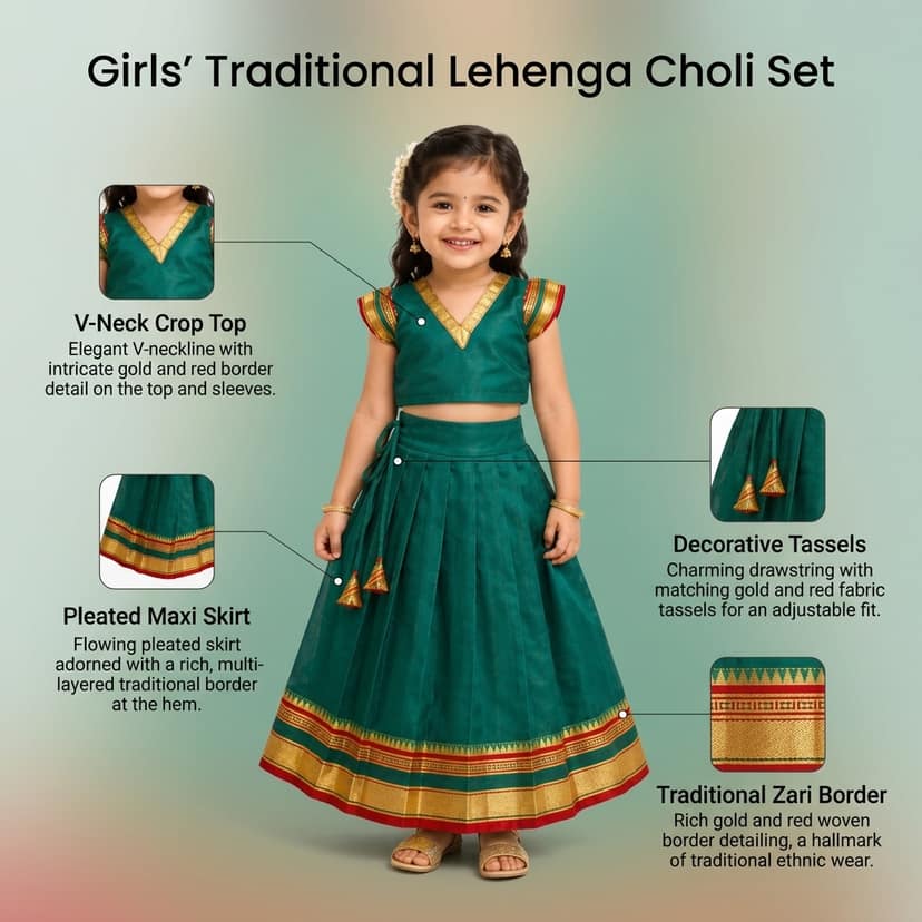 Mom and Me Girls’ Lehenga Choli/Parker Polka/Pattu Pavadai (0 Months–6 Years) | Acrylic Cotton with Soft Cotton Lining | V-Neck, Short Puff Sleeves, Zipper Closure (Green, 18-24 M) view 4
