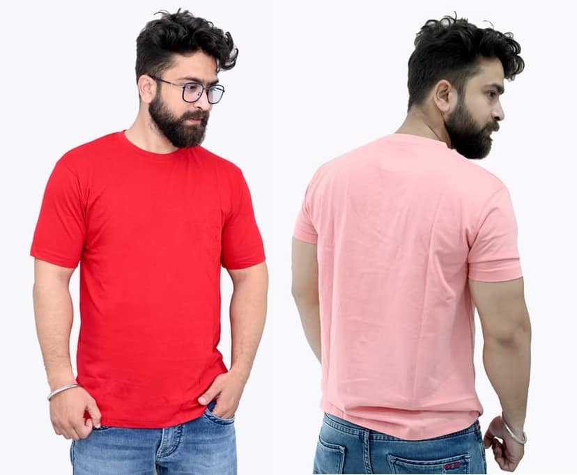 Tru Threads Solid Premium T-Shirt 2 Pcs Combo - Red, Peach (Size - L)