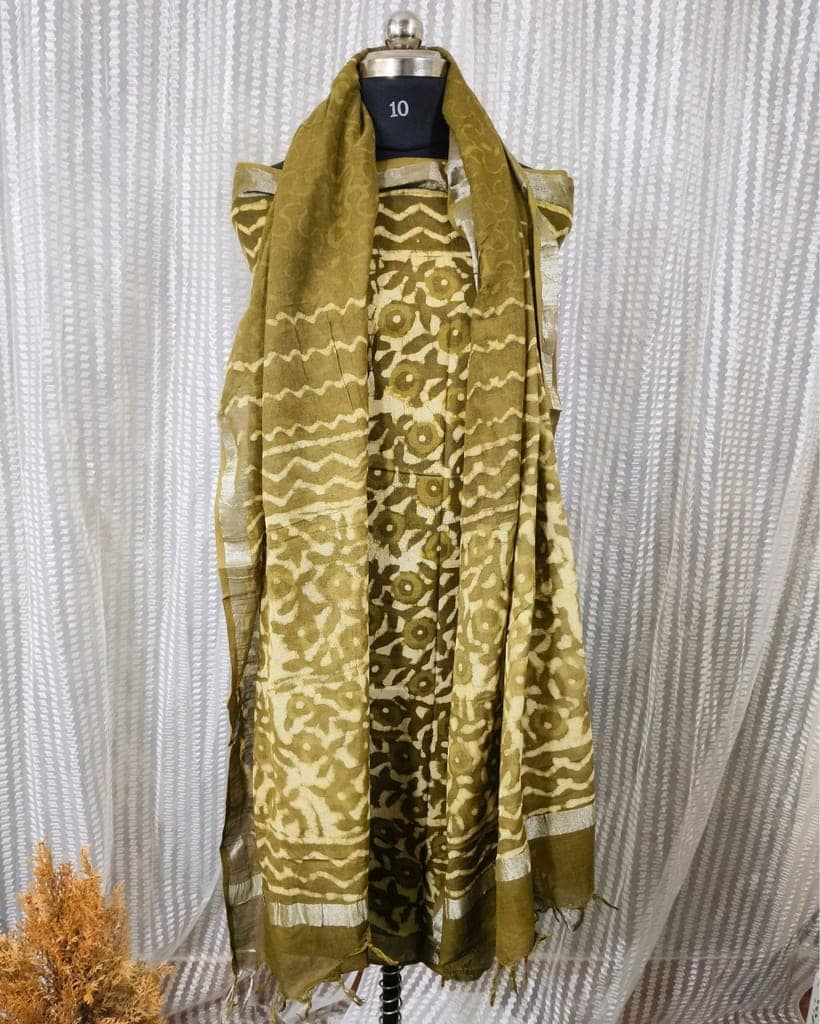 Linen Suit Set Pale Beige & Olive Green Color with Cotton Bottom, Linen Top and Dupatta Handblock Printed-5614