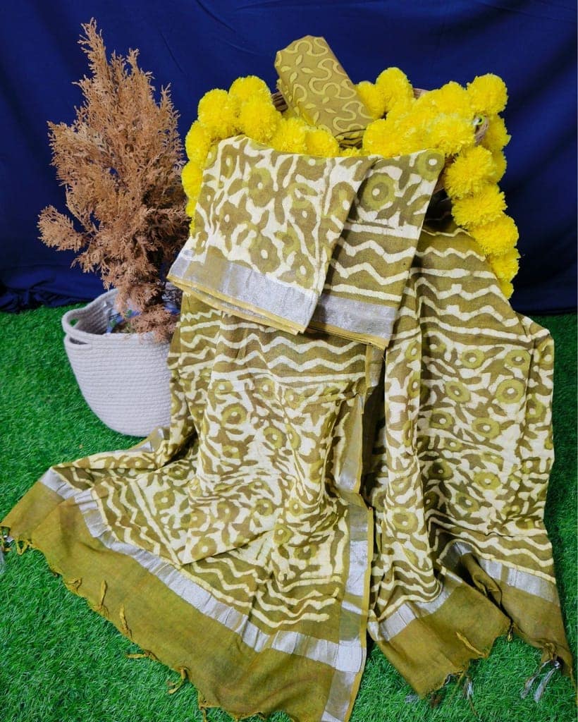 Linen Suit Set Pale Beige & Olive Green Color with Cotton Bottom, Linen Top and Dupatta Handblock Printed-5614 view 2