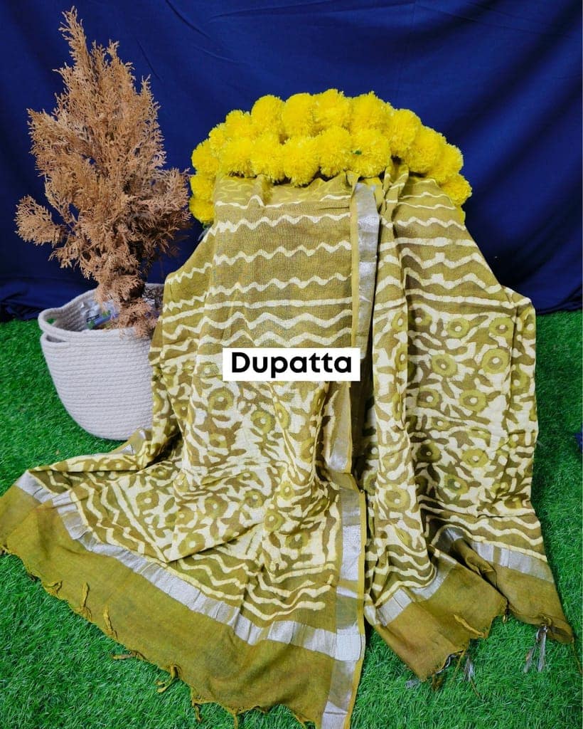 Linen Suit Set Pale Beige & Olive Green Color with Cotton Bottom, Linen Top and Dupatta Handblock Printed-5614 view 3