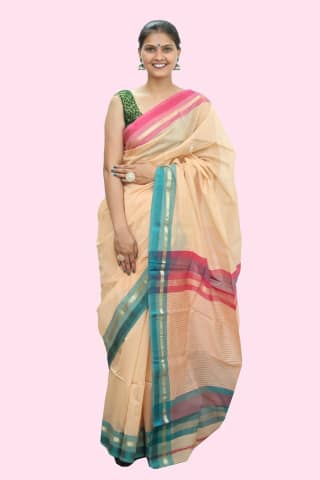 Attractive Beige Striated Rewa Waves Saree with Tassels