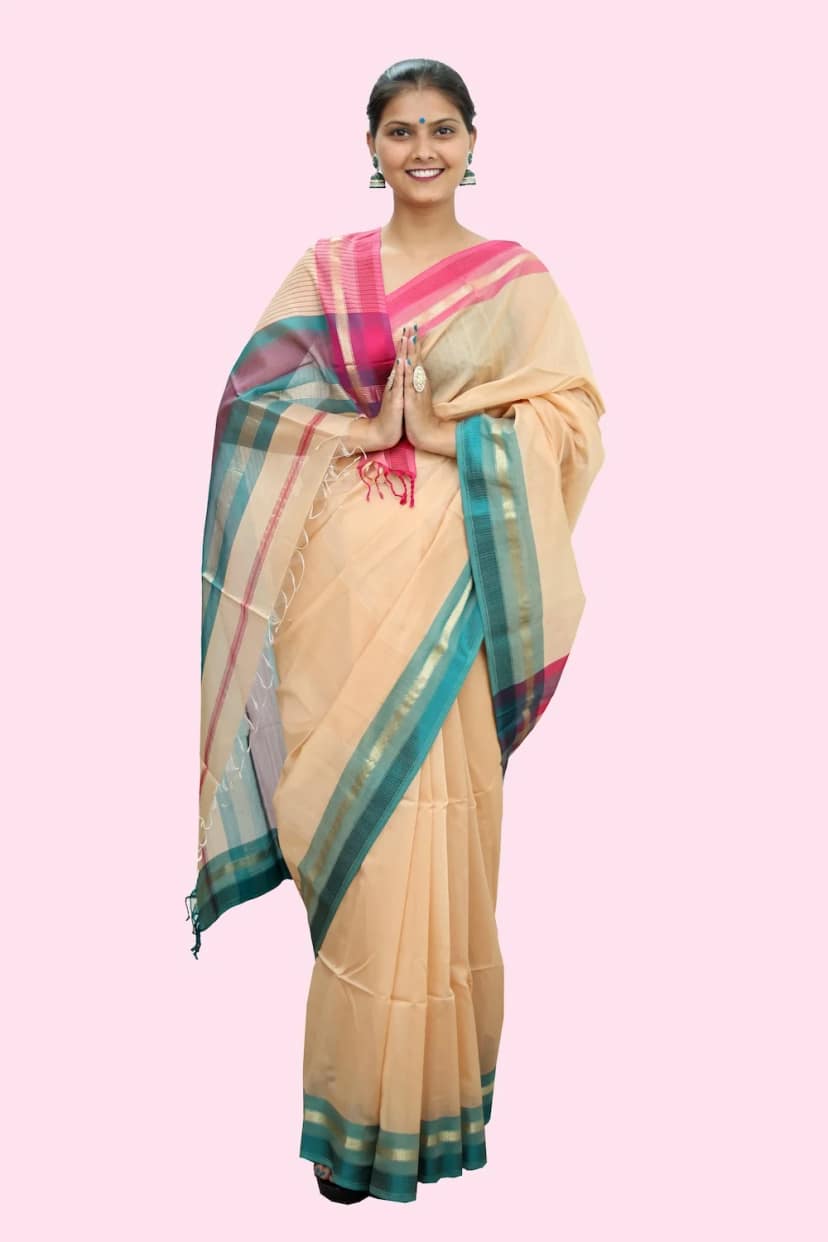 Attractive Beige Striated Rewa Waves Saree with Tassels view 3