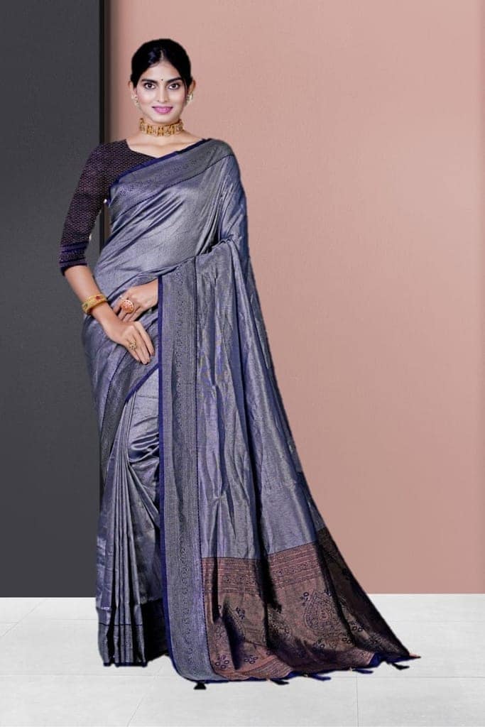 Navy Blue Dharmavaram Tissue Silk Saree