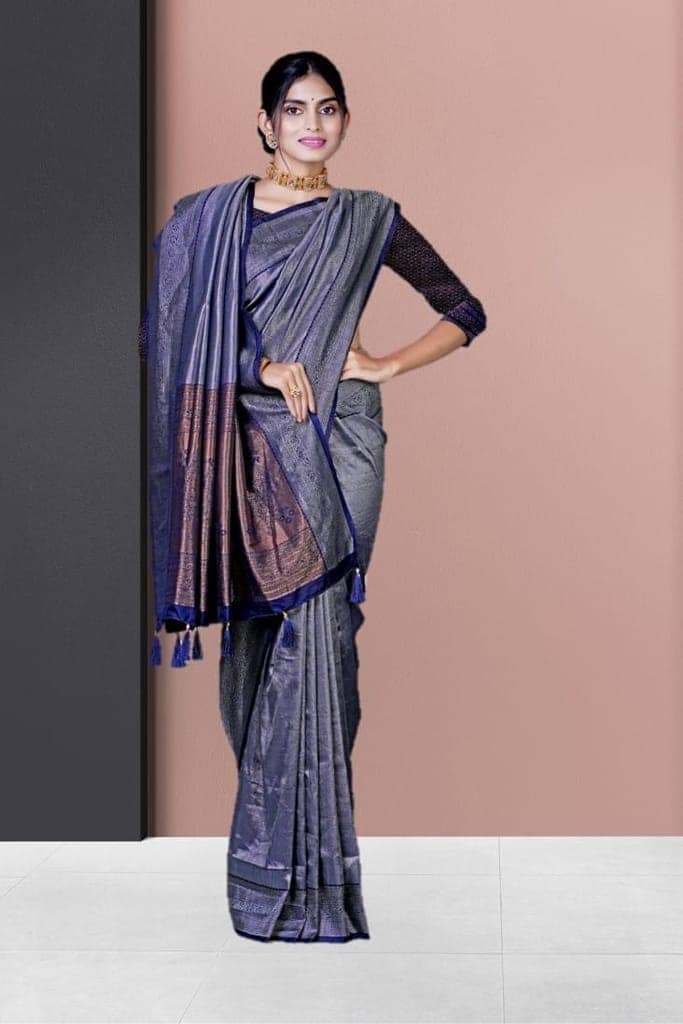 Navy Blue Dharmavaram Tissue Silk Saree view 3