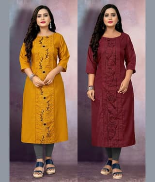 RIAANA Women Cotton Blend Embroidered Straight Kurti ( Multicolor )