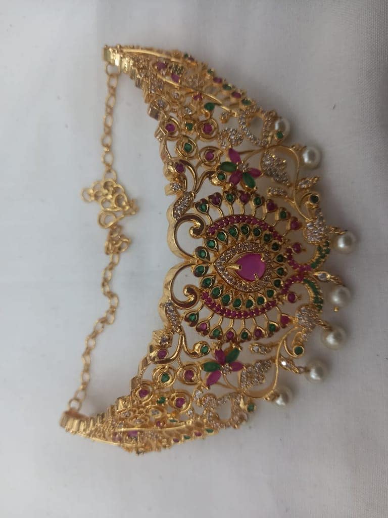 Stunning antique gold plated kundan choker necklace set with matching earrings view 2