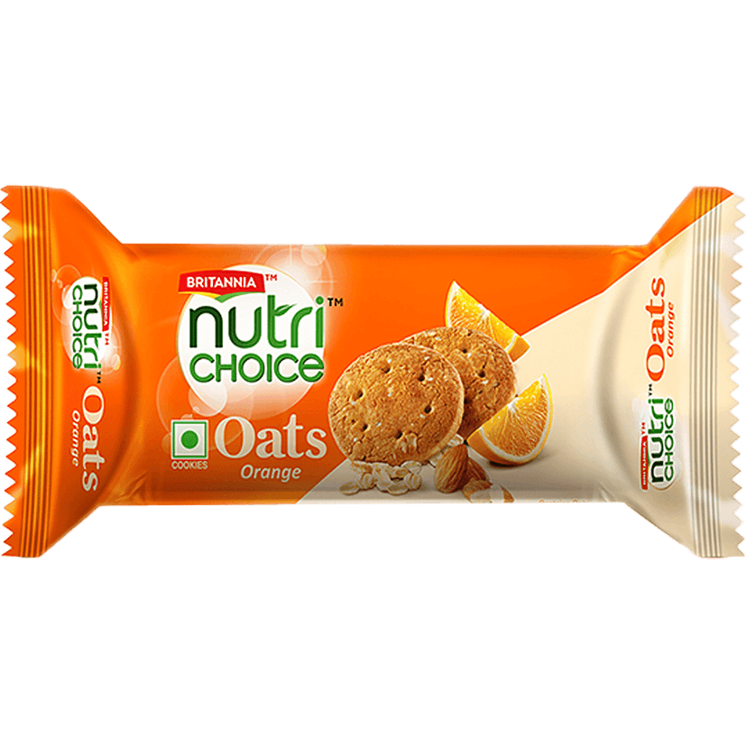 Britannia Nutrichoice Oats Cookies - Orange With Almonds, Healthy Snack, Fibre Enriched, 75 G