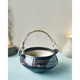 Handpainted Ceramic Outdoor Basket Planter with Handle, Pack of 1, Blue Flower Pot for Home/Kitchen/Balcony