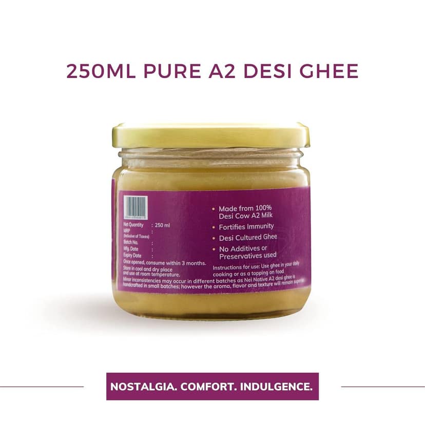 NeiNative A2 Ghee Bilona Method Ghee- A2 Cow Desi Ghee - A2 Cow Ghee Pure Cultured Desi Cow Ghee- Pure Ghee-Glass Bottle Bilona Ghee - Better Digestion and Immunity - Everyday Ghee (250ML) view 4