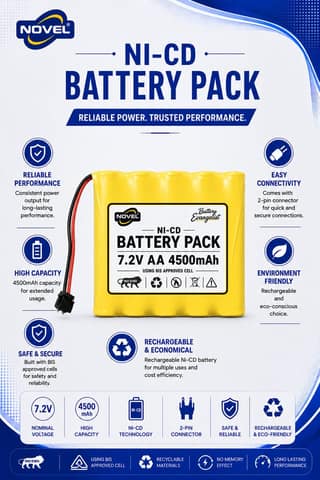 NOVEL 7.2V AA 4500mAh NI-CD Rechargeable Battery SM PIN