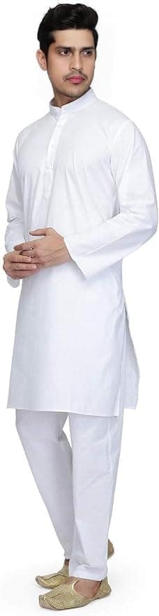 Ukal Indian Cotton White Kurta Pajama Set for Men's and Boy's view 3