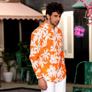 Lily Flower Orange Casual Pure Linen Full Shirt (Size - L) by BLUE EAGLE