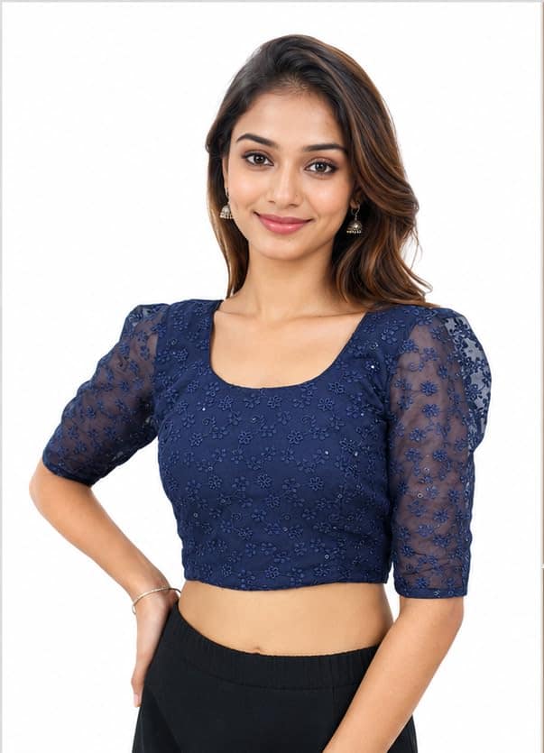 Navy Blue Chikankari Saree Blouse with Floral Embroidery