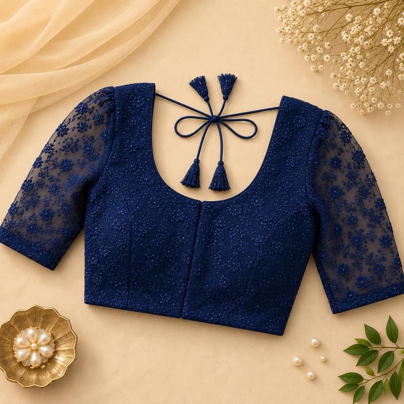 Navy Blue Chikankari Saree Blouse with Floral Embroidery view 2