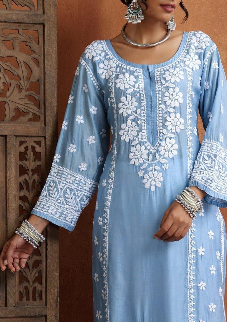 Chanderi Chikankari Solid Women's Long Kurta - Blue view 3