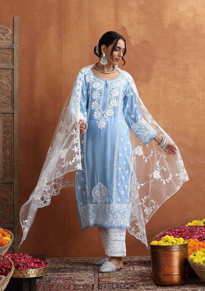 Chanderi Chikankari Solid Women's Long Kurta - Blue view 4