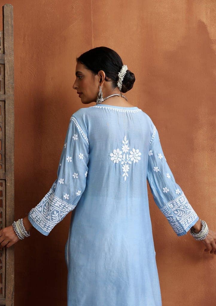 Chanderi Chikankari Solid Women's Long Kurta - Blue view 7