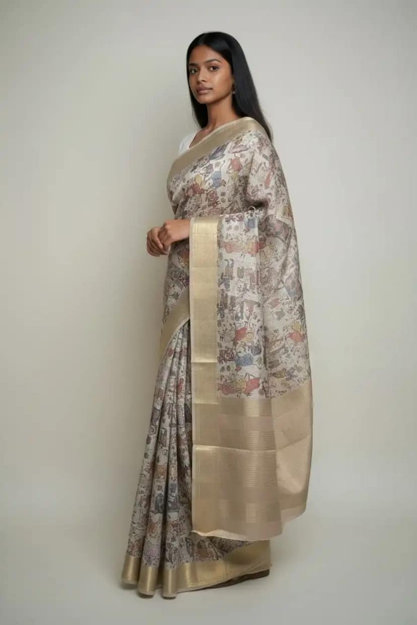Pattachitra Tussar Silk Saree Folk Figures Gold Zari Border view 2