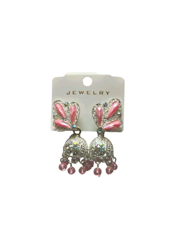 oxidized silver jhumka earrings with pink stones and beads view 4