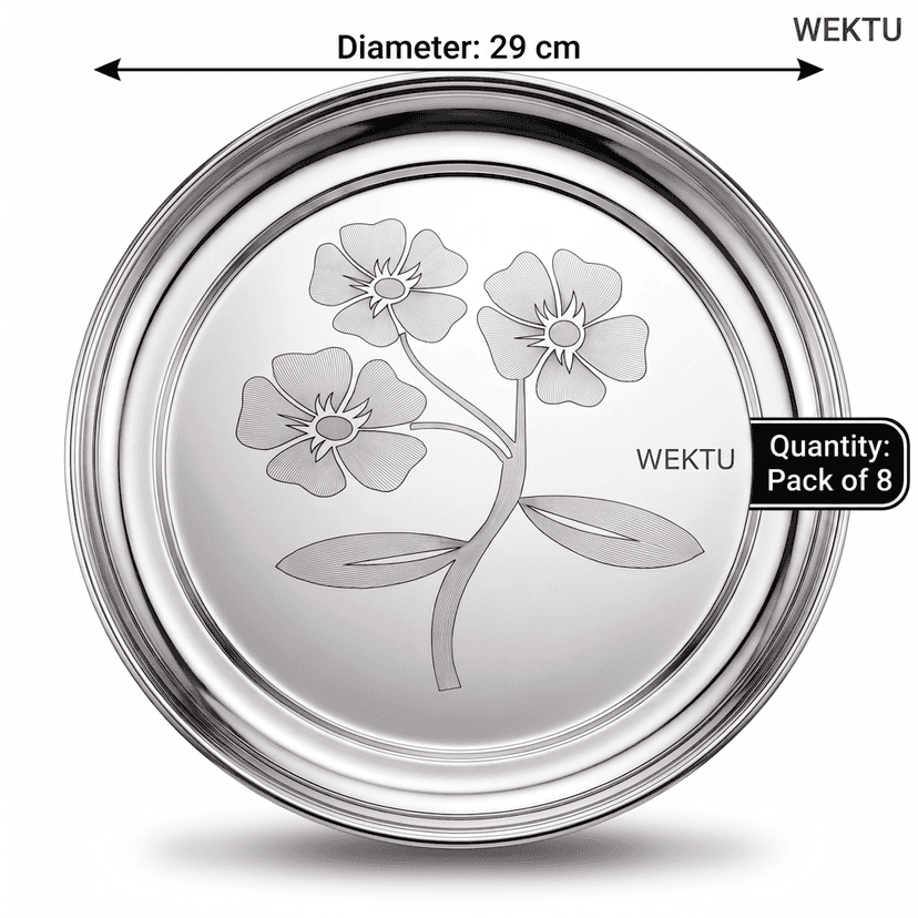 WEKTU Stainless Steel Rajbhog Gol Dinner Plate with Laser Floral Print (29 cm Diameter) – Premium Heavy Gauge Mirror Finish Round Thali for Lunch & Dinner | Food Grade, Durable & Rust Proof view 2