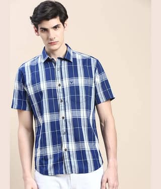 Showoff Cotton Blend Regular Fit Checks Half Sleeves Men's Casual Shirt - Blue ( Pack of 1 )