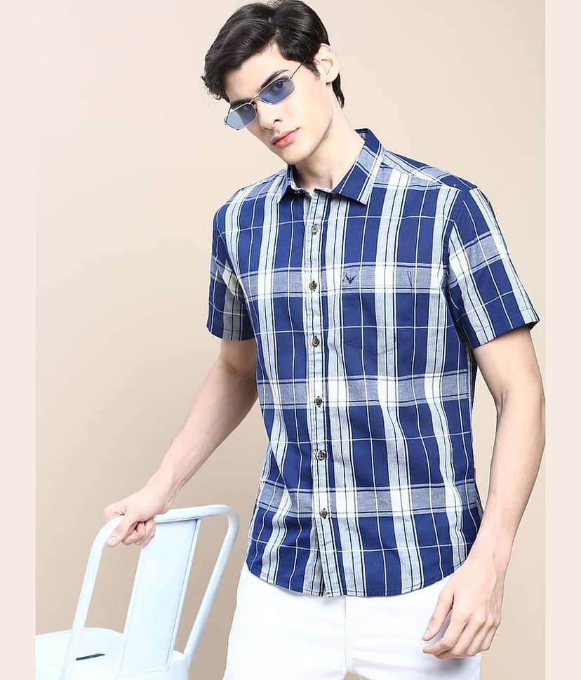 Showoff Cotton Blend Regular Fit Checks Half Sleeves Men's Casual Shirt - Blue ( Pack of 1 ) view 2