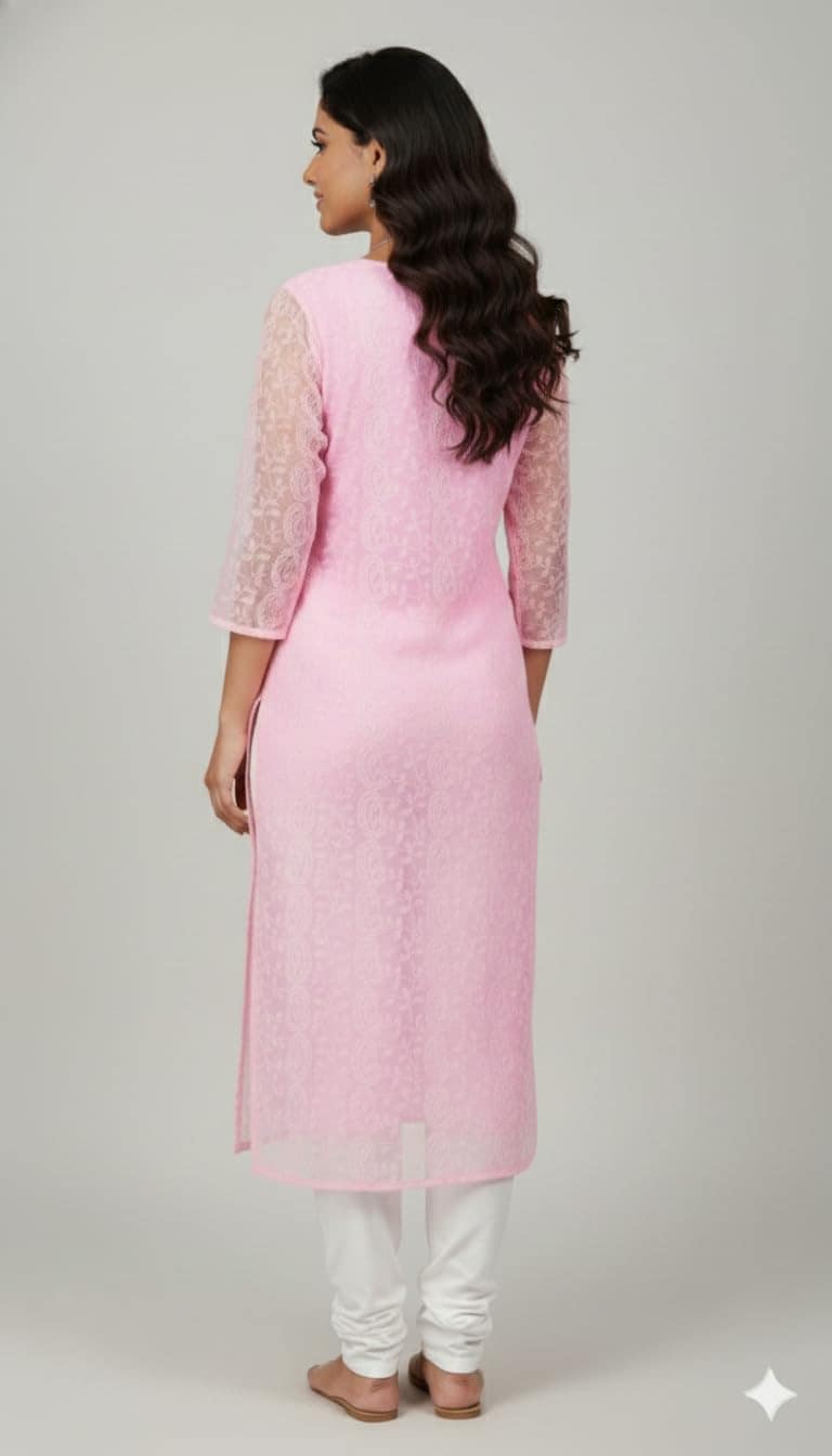 Mom and Me Women's Straight Chikankari Kurta/Kurti, Georgette Fabric, Latest Summer Stylish Wear (Small, Pink) view 2