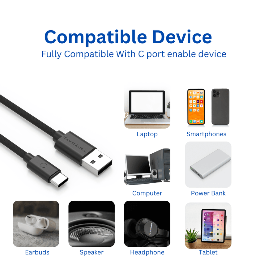 Twance 1 Meter PVC and Braided Type C to USB Fast charging and data transfer Cable, Black Color (Pack of 2) view 2