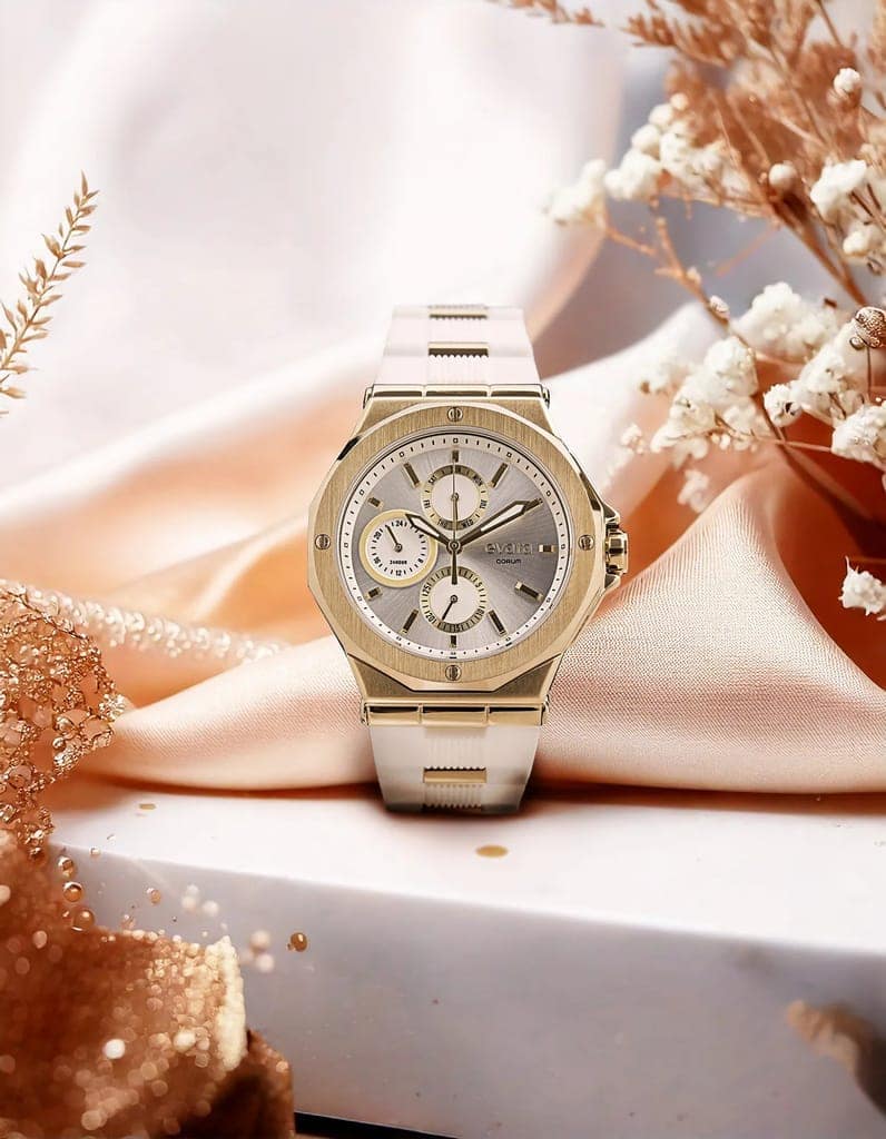 Qorum Evara Ladies Multi-function Watch – White Dial, Gold Plated Stainless Steel Case, White Silicon Strap view 2