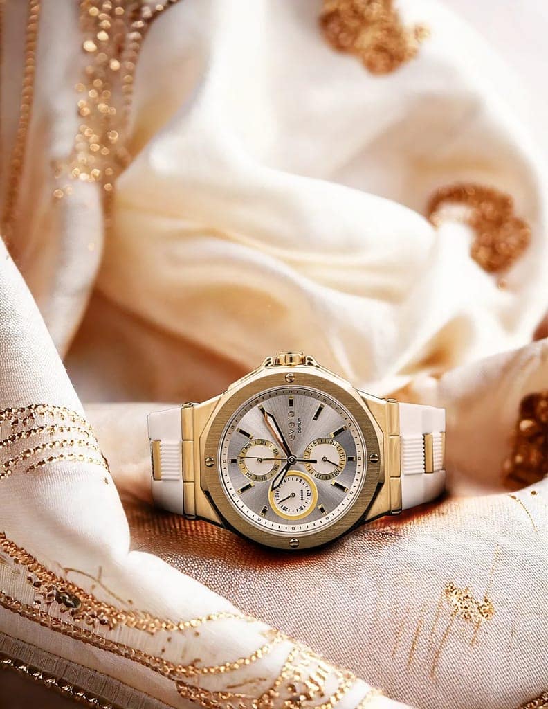 Qorum Evara Ladies Multi-function Watch – White Dial, Gold Plated Stainless Steel Case, White Silicon Strap view 3