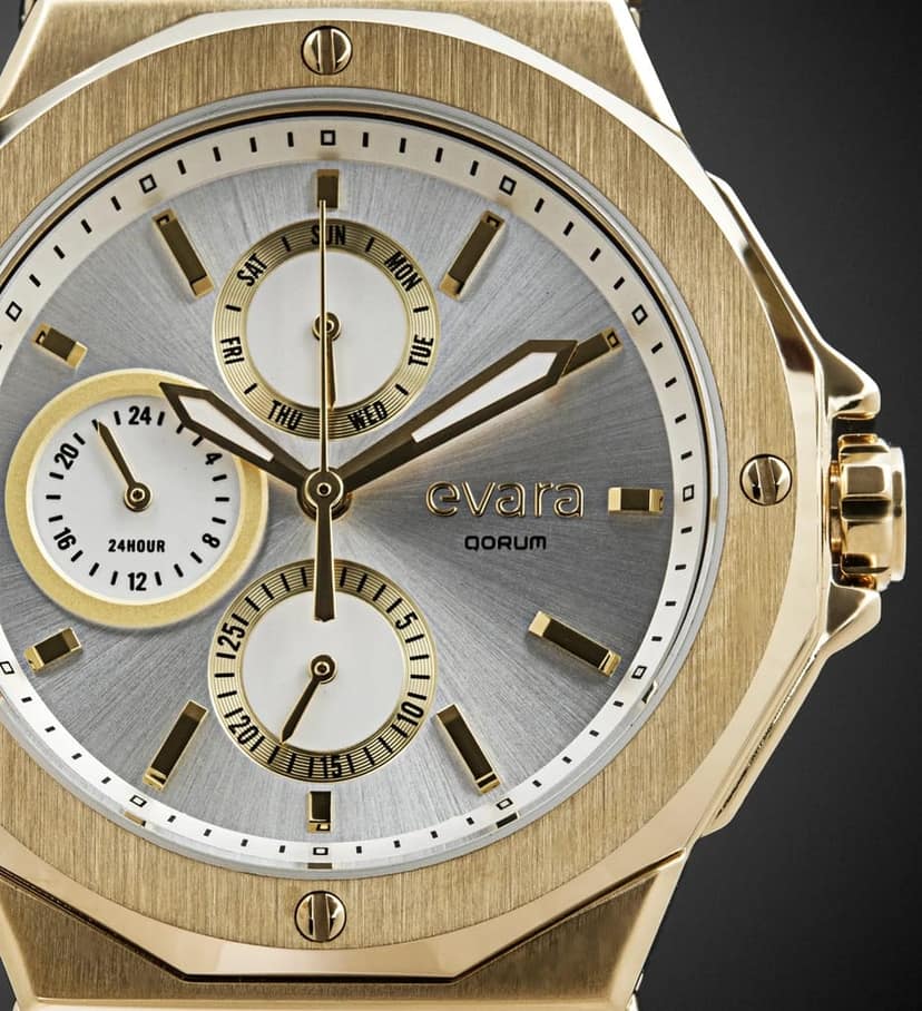 Qorum Evara Ladies Multi-function Watch – White Dial, Gold Plated Stainless Steel Case, White Silicon Strap view 4