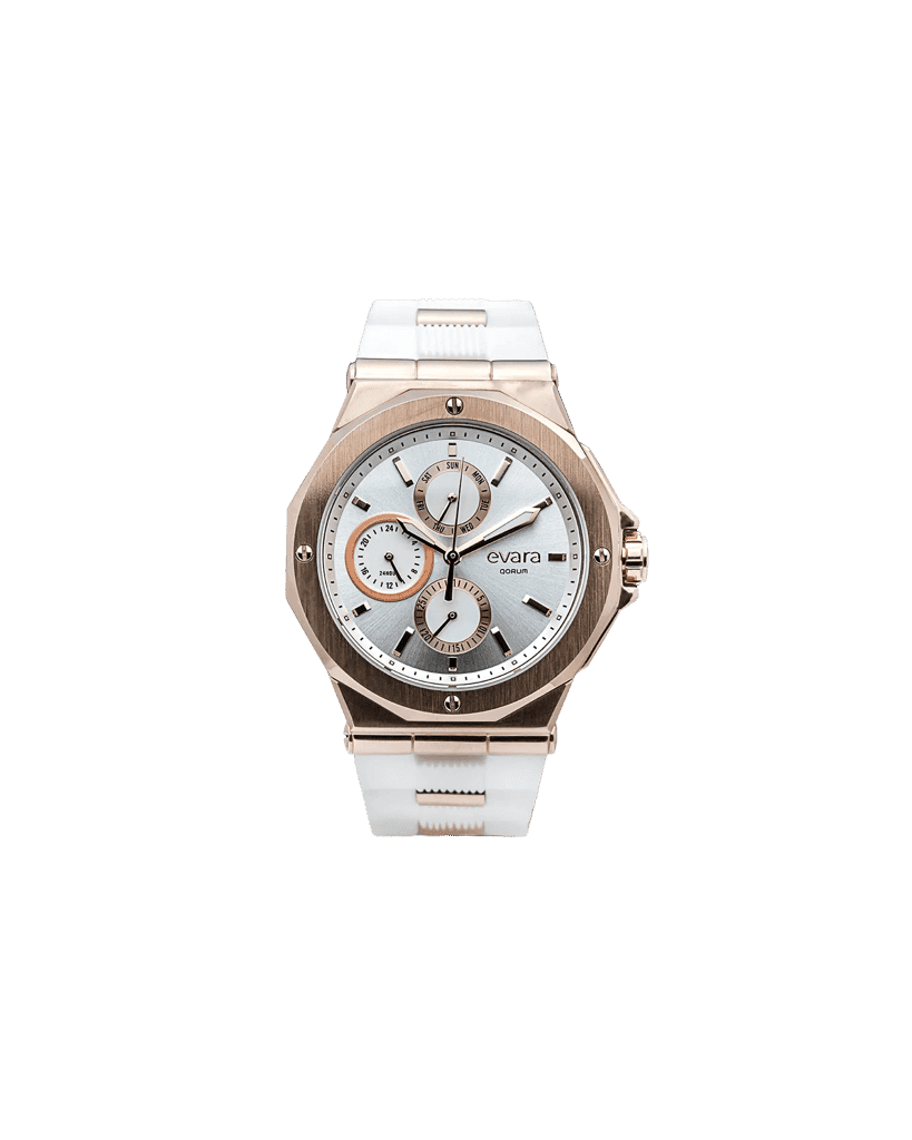 Qorum Evara Ladies Multi-function Watch – White Dial, Gold Plated Stainless Steel Case, White Silicon Strap view 6