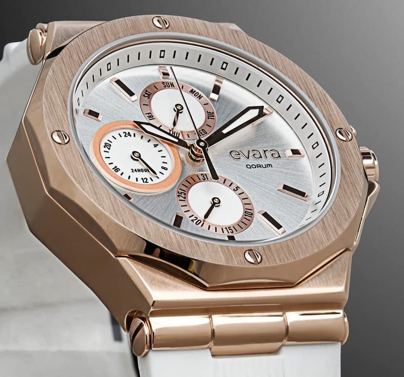 Qorum Evara Ladies Multi-function Watch – White Dial, Gold Plated Stainless Steel Case, White Silicon Strap view 9