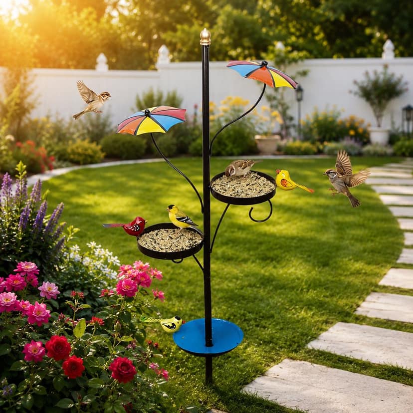Decoriee Umbrella Bird Feeder Stand with Dual Seed Trays & Water Bath (L × W × H): 38 × 15 × 104 cm
