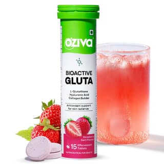 OZiva Bioactive Gluta Fizzy ( L-Glutathione, Hyaluronic Acid, Asthaxanthin, Lycopene & Collagen Builder) to Reduce Cellular Damage Strawberry swirl, Pack of 1 (15 Tablets)