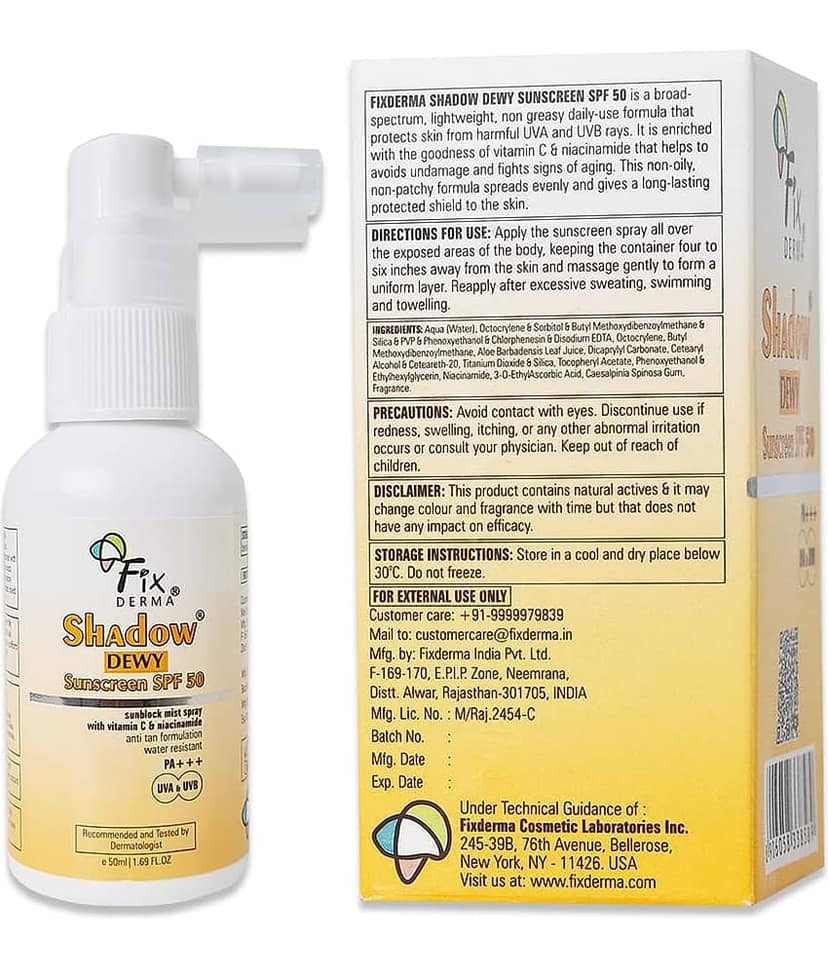 Fixderma Shadow Dewy Sunscreen SPF 50 Spray with Vitamin C, SPF 50, UVA & UVB Protection, 50 ml view 2