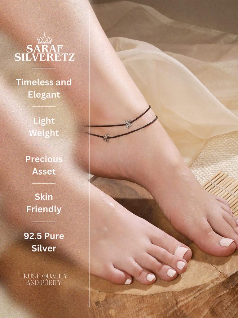 925 Sterling Silver Black Beads Butterfly Charms Payal Anklet view 3