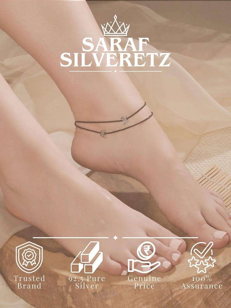 925 Sterling Silver Black Beads Butterfly Charms Payal Anklet view 4