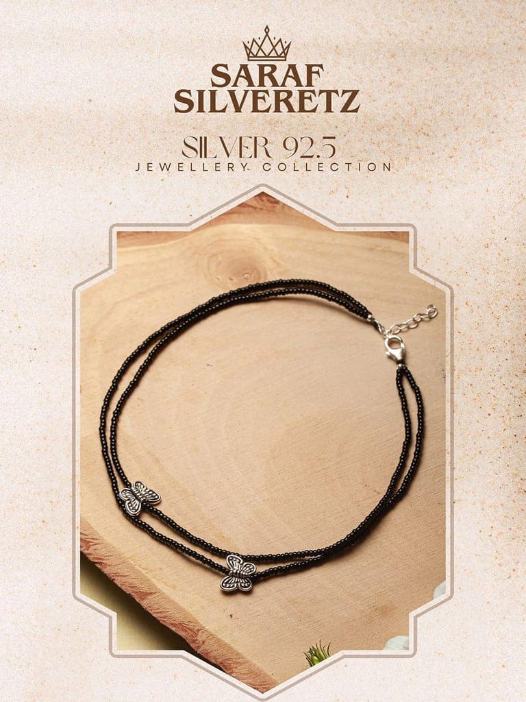 925 Sterling Silver Black Beads Butterfly Charms Payal Anklet view 5