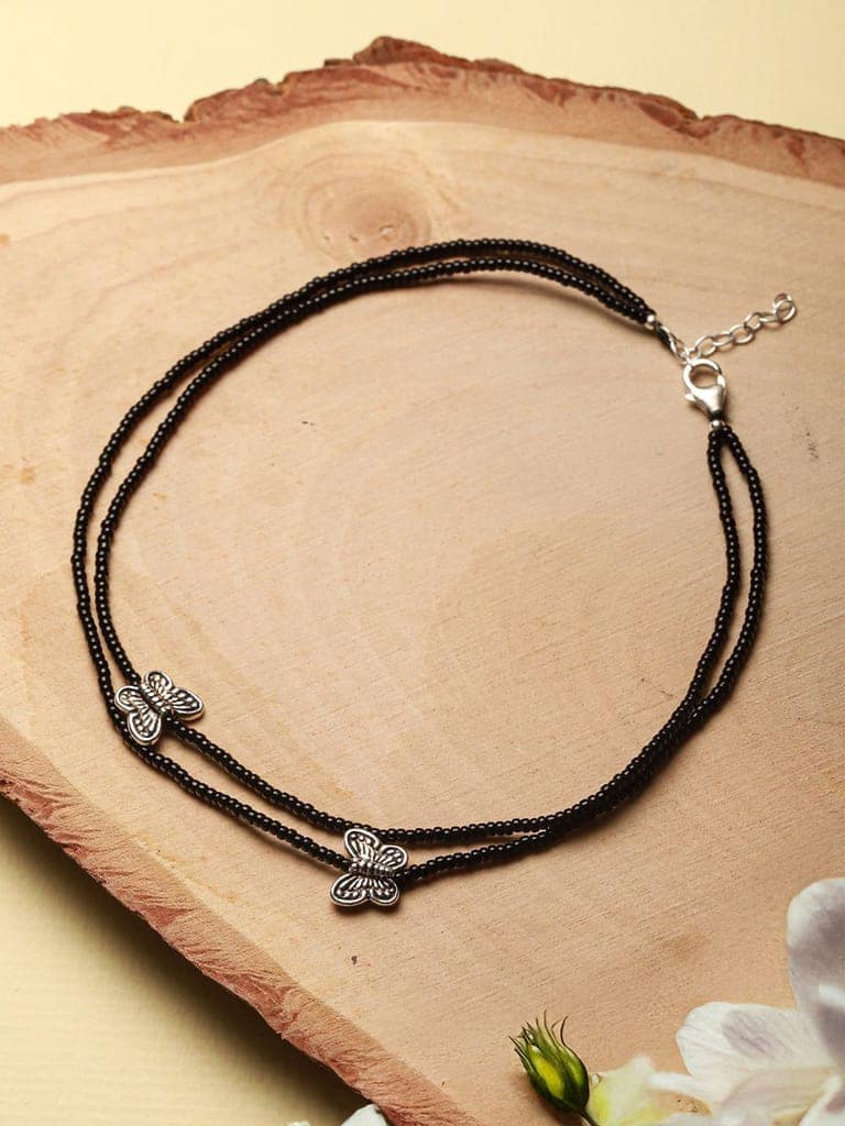 925 Sterling Silver Black Beads Butterfly Charms Payal Anklet view 6