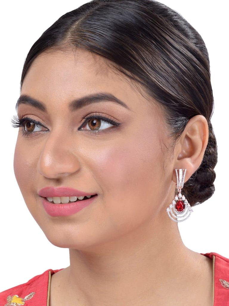 Modern Ruby danglers Red drop earrings AD studded Rose gold plated view 2