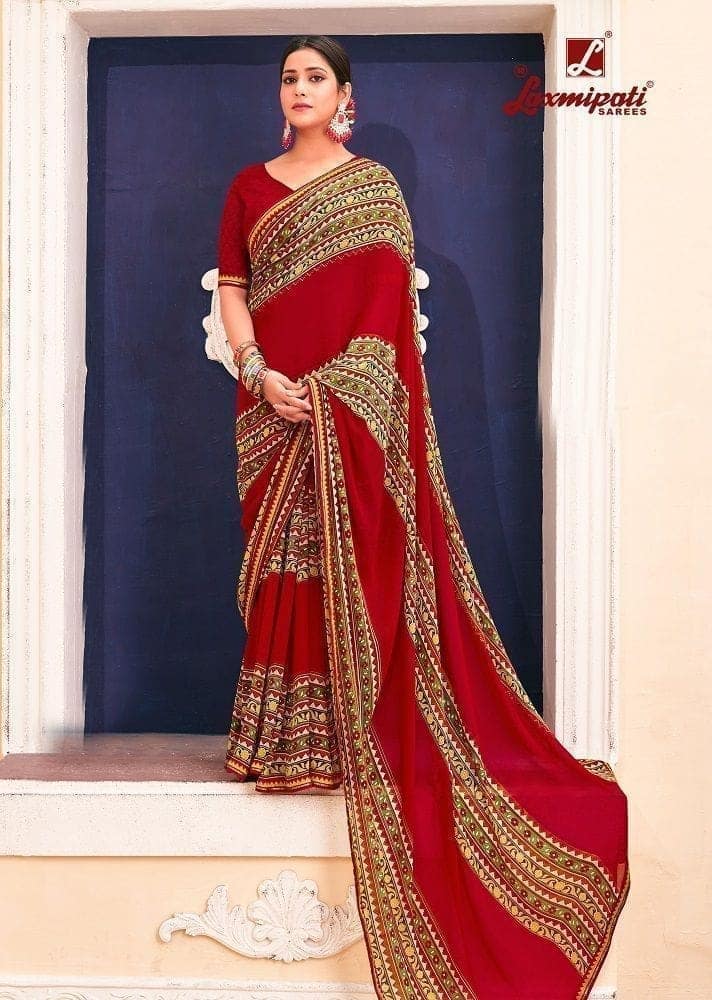 Digital Printed Georgette Saree in Red