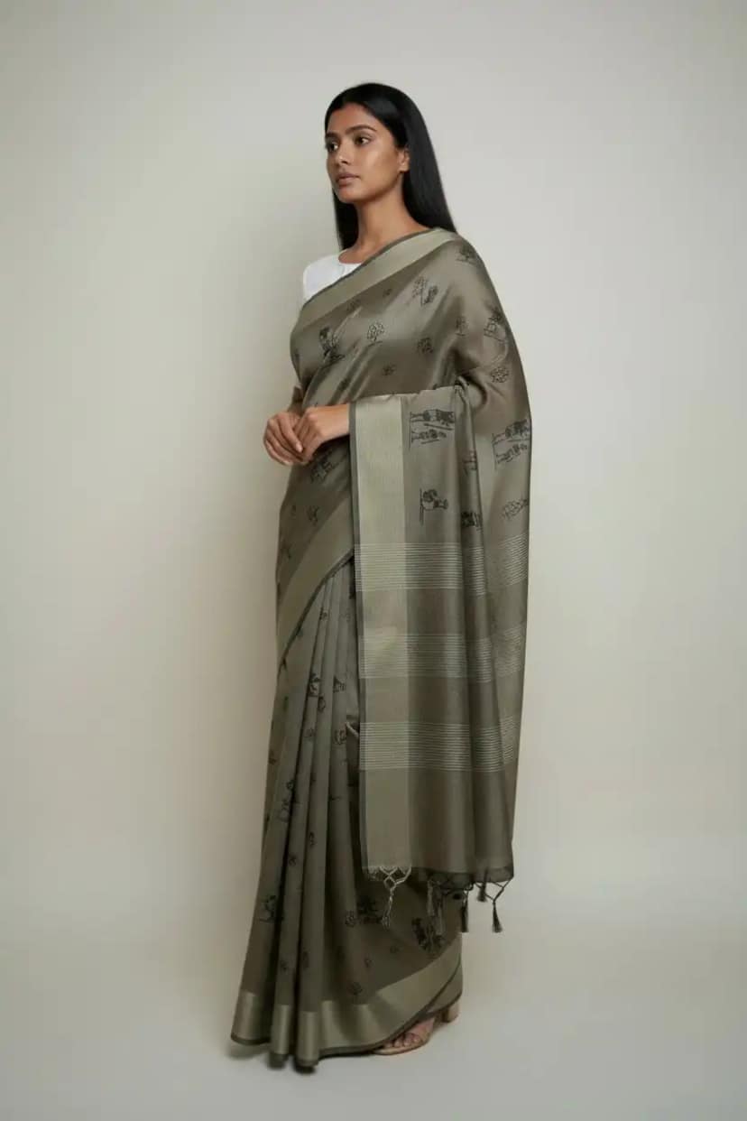 Saura Tribal Cotton Saree Dusty Khaki Village Pallu view 2