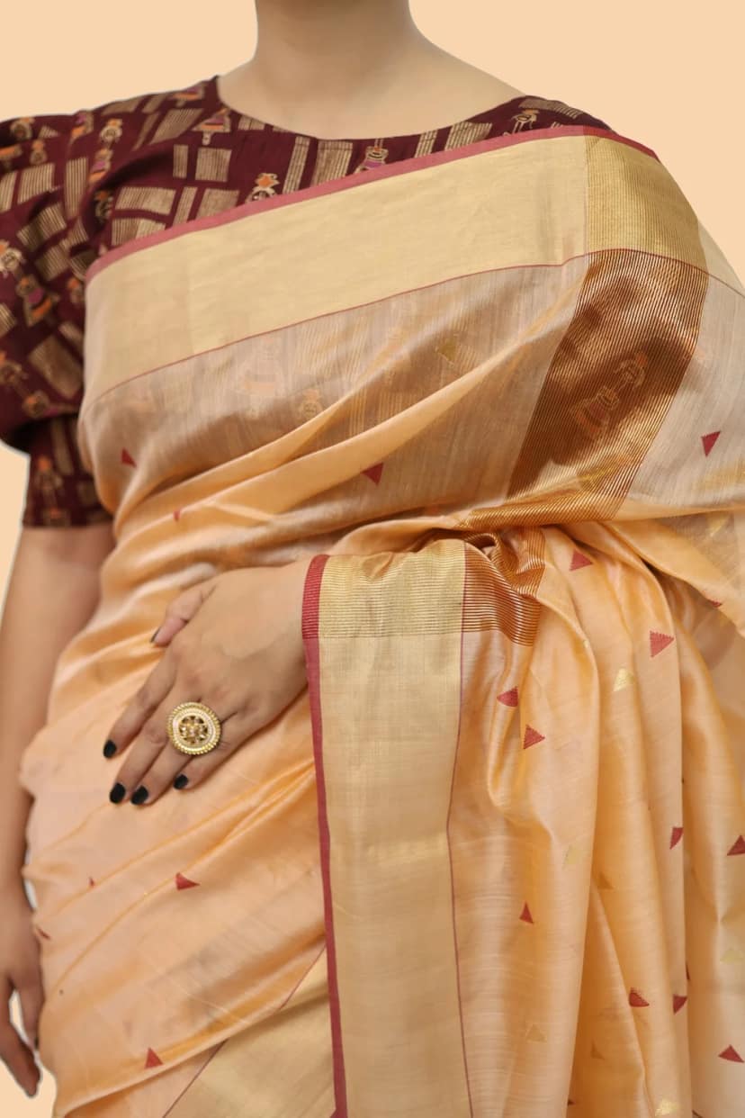 Heavenly Beige Zari Borcade handloom Saree with Tassels view 2