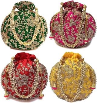 FASHIONS Rajasthani Style Royal Clutch Silk Batwa Bag Combo Wristlets Ethnic Potli Combo For Women's Zari Work Potli Combo Bridal Potli Combo ( Pack Of 4)