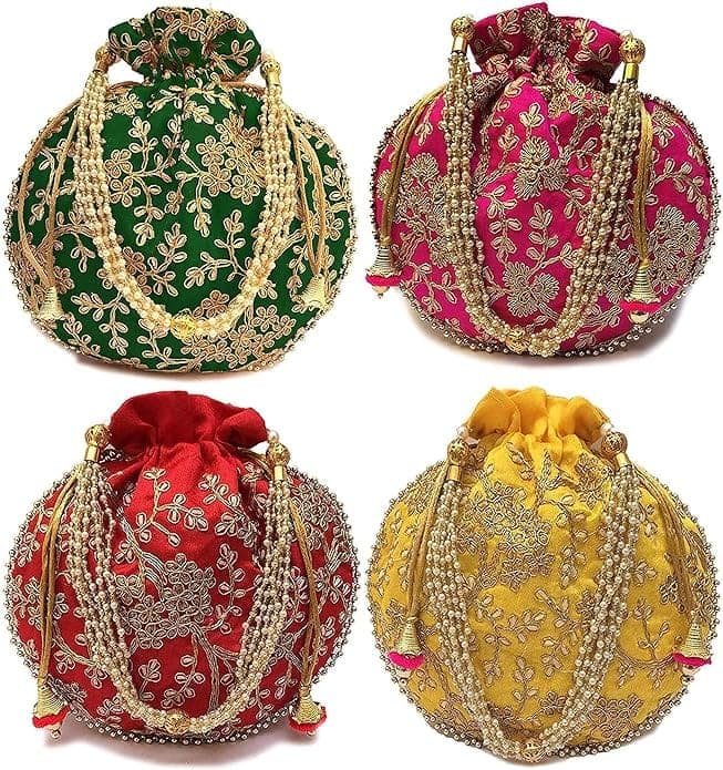 FASHIONS Rajasthani Style Royal Clutch Silk Batwa Bag Combo Wristlets Ethnic Potli Combo For Women's Zari Work Potli Combo Bridal Potli Combo ( Pack Of 4)