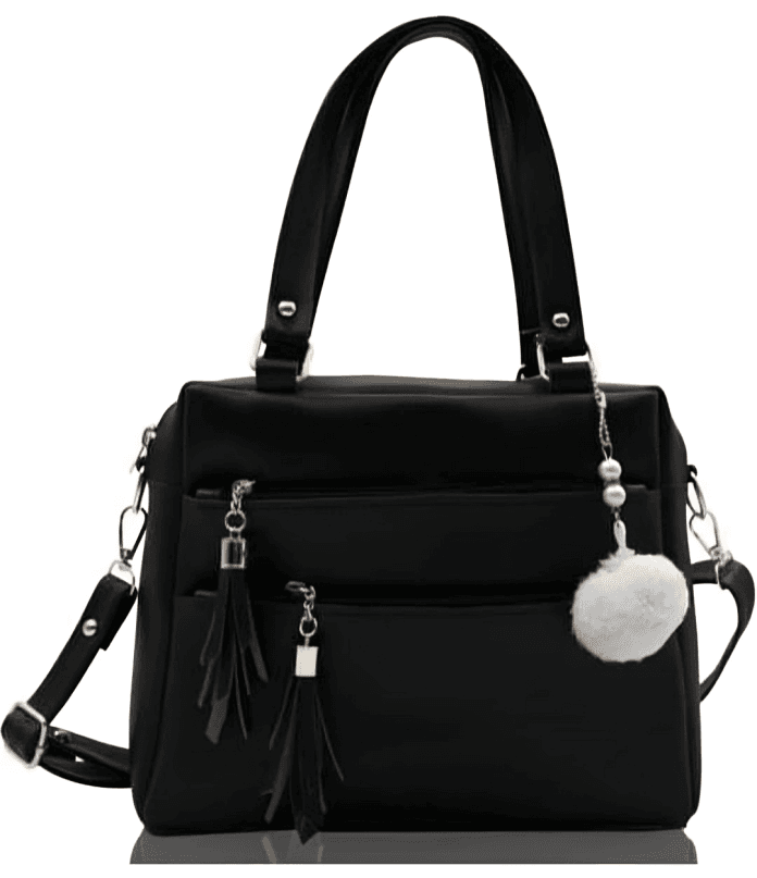 Chic Grey Handbag – Stylish Shoulder Bag with Tassels & Pom-Pom Charm for women view 2