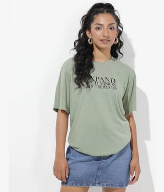 Diversify Women Cotton Blend Printed Oversized Fit Round Neck T-Shirt ( Green )