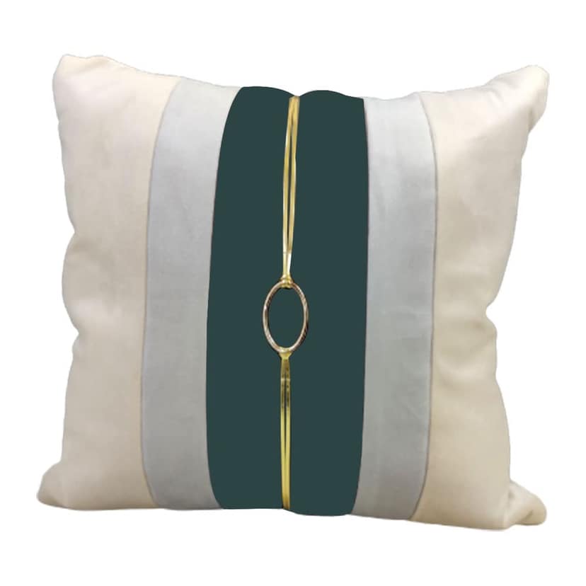 Green Beige Gold Leather Buckle Velvet 3 Cushion Covers and 1 Table Runner Combo Luxury Pillow Cover for Sofa Living Room Bedroom | 16X16 Inches Cushion Cover I 12 X 59 Inches Table Runner I view 2